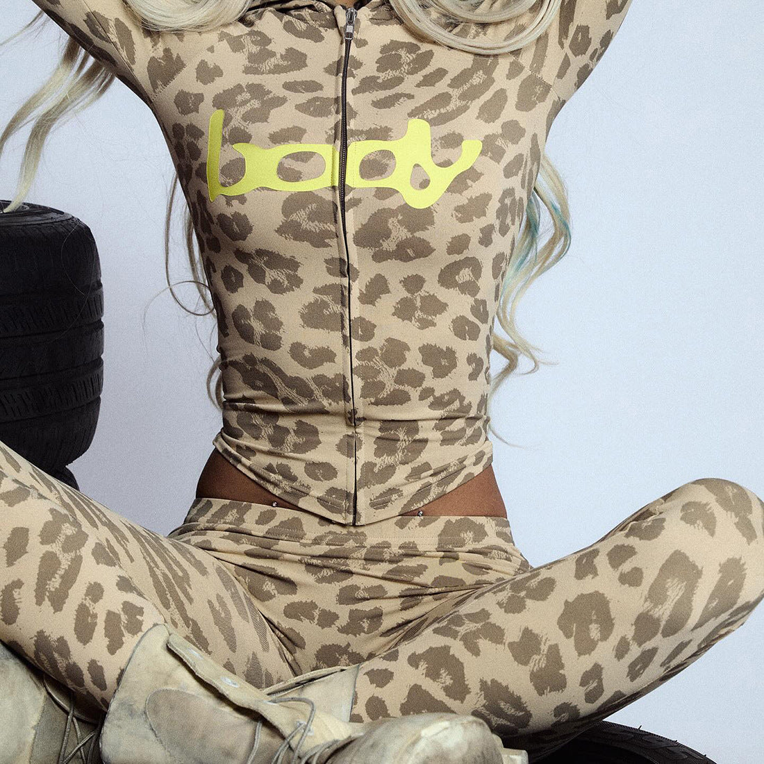 MB1802 Women's Leopard Print Hooded Top & Slim-Fit Pants Two-Piece Set