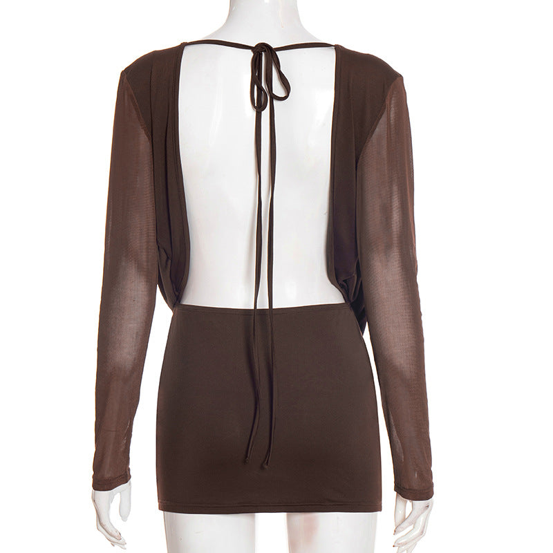 MB10159 Women's Brown Long Sleeve Deep V Neck Bodycon Mini Dress