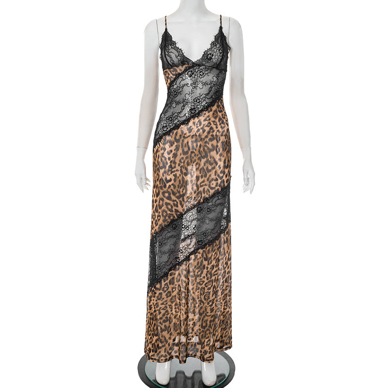 MB1028 Leopard Print Lace Trim Maxi Dress