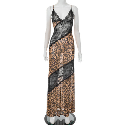 MB1028 Leopard Print Lace Trim Maxi Dress