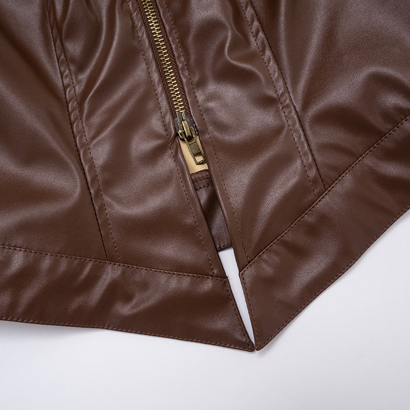 MB1040 Stand Collar PU Leather Zip-Up Jacket