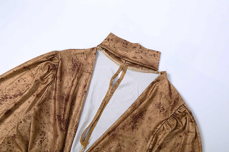 MB1510 Bronze Print Turtleneck Deep V Mini Dress