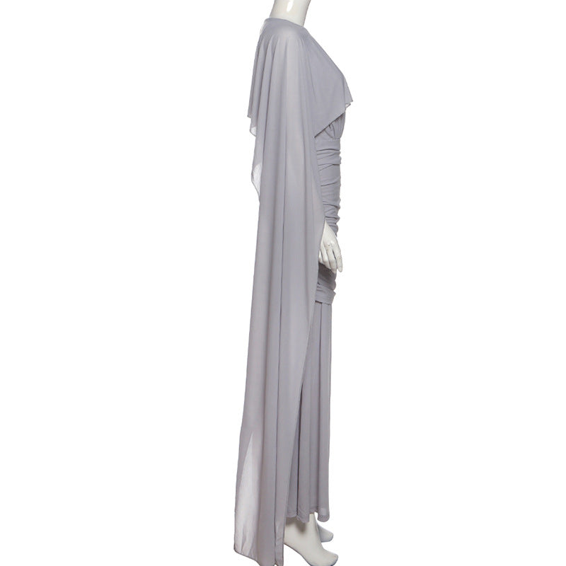 MB1121 Cape Back Ruched Maxi Dress