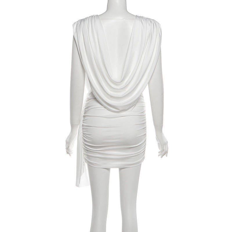 MB1151 Women’s White Deep V-Neck Ruched Mini Dress