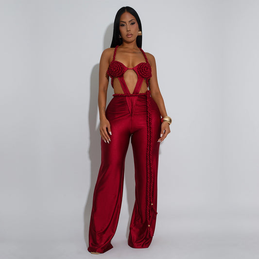 MB1621 Halter Neck Cutout 3D Flower Applique Wide Leg Jumpsuit